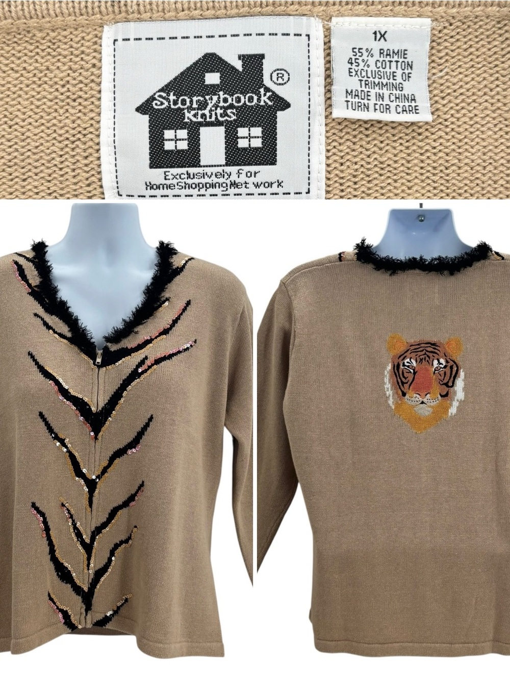 Storybook Knits "Tiger" Beige Zip Closure Embroidered Beaded Cardigan Sz. 1X